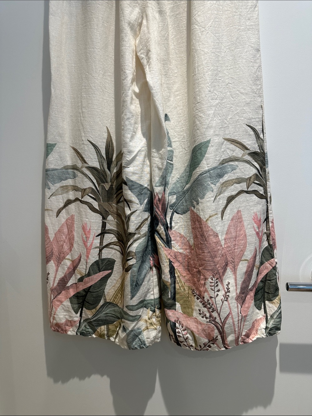 Tropical Print Wide-Leg Lounge Pants - Cream with Green & Pink (M-L) - Picture 10 of 10